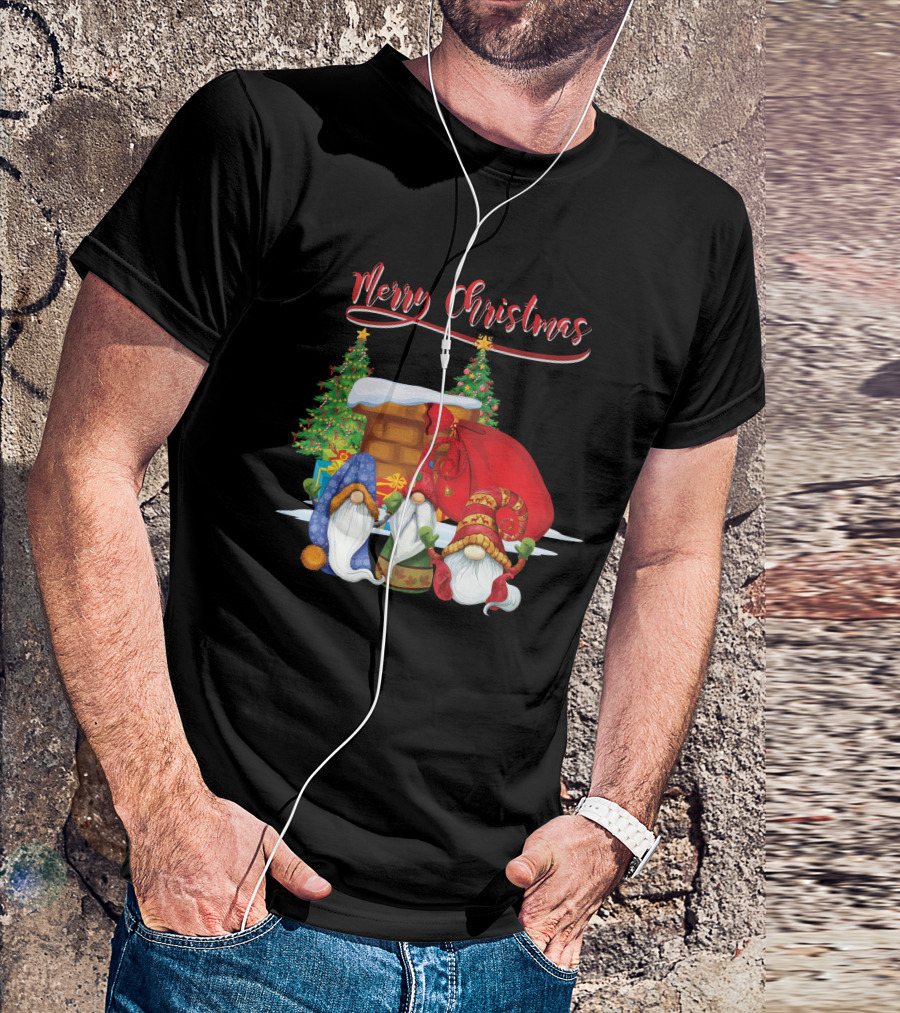 Merry Christmas Funny Gnomes With Santa's Sack And Festive Trees T-Shirt