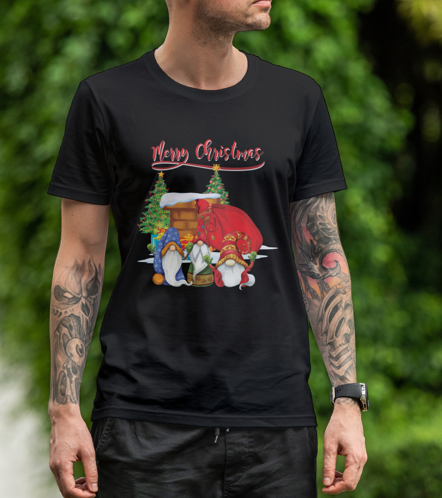 Merry Christmas Funny Gnomes With Santa's Sack And Festive Trees T-Shirt