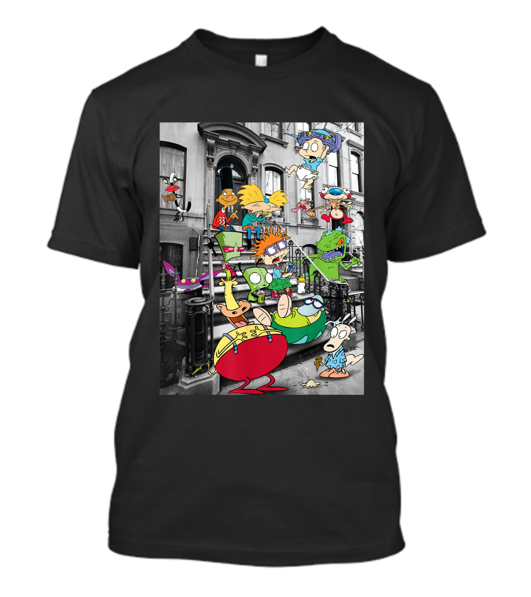 Classic Nicktoons Characters Sitting On Stoop Together In Black-and-White Background Scene T-Shirt