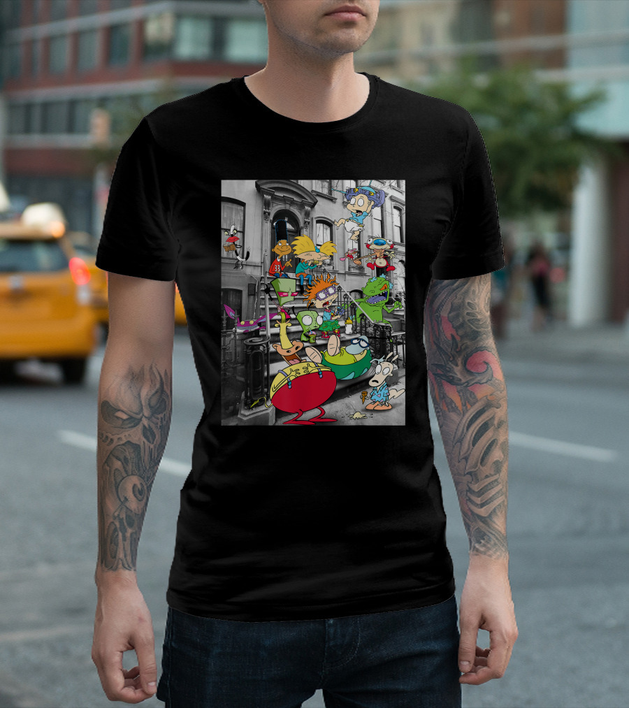 Classic Nicktoons Characters Sitting on Stoop Together in Black-and-White Background Scene T-Shirt
