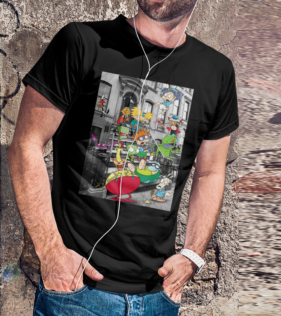 Classic Nicktoons Characters Sitting On Stoop Together In Black-and-White Background Scene T-Shirt