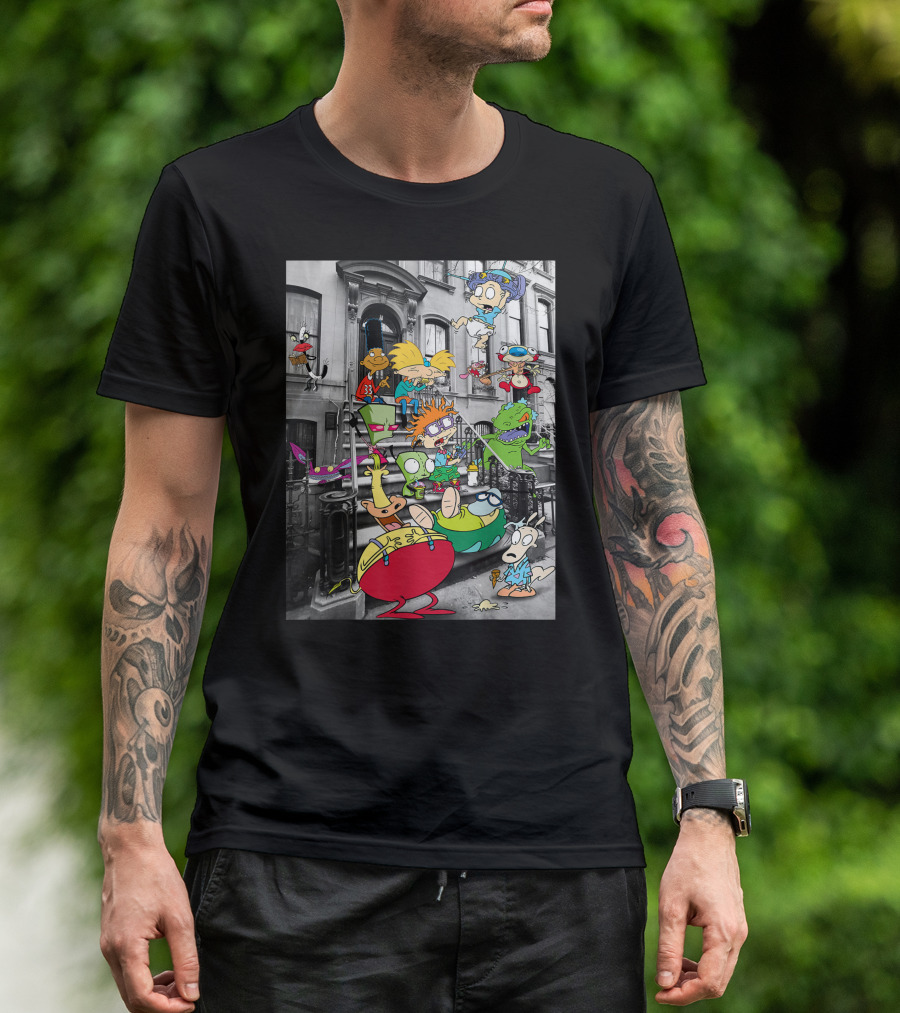 Classic Nicktoons Characters Sitting On Stoop Together In Black-and-White Background Scene T-Shirt