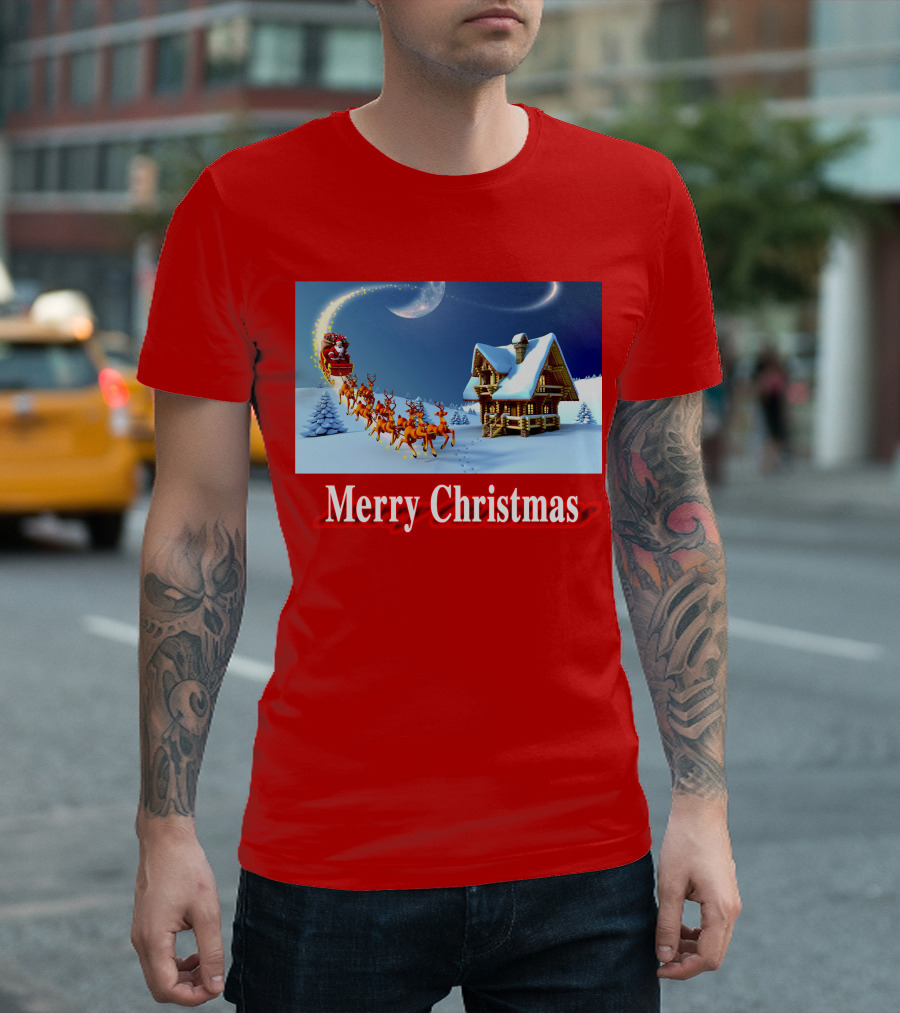 Merry Christmas Santa Sleigh Flying Over Snowy Cabin Scene T-Shirt