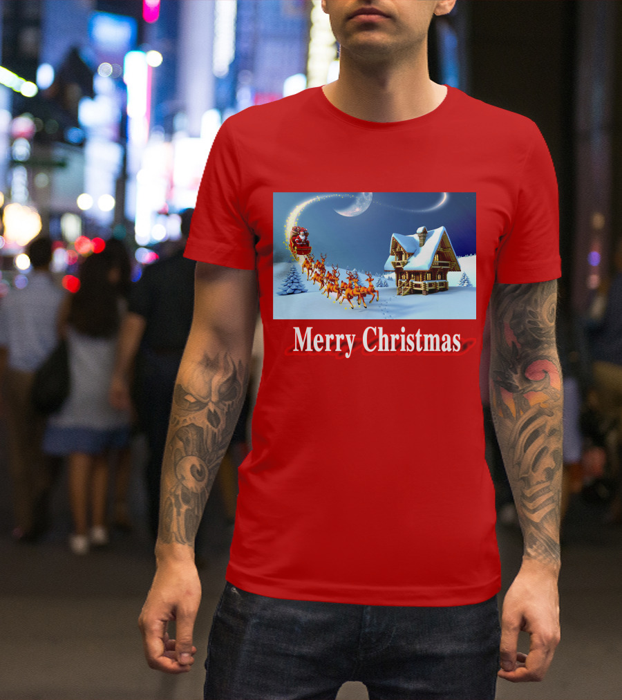 Merry Christmas Santa Sleigh Flying Over Snowy Cabin Scene T-Shirt