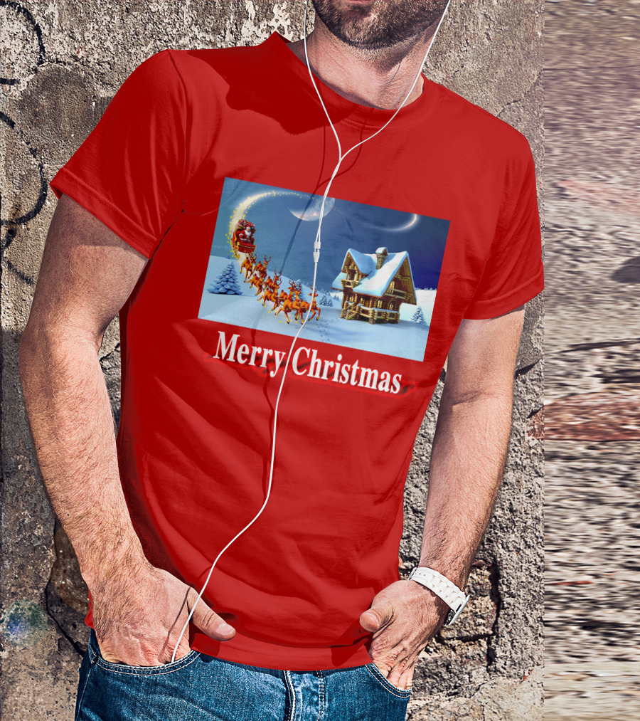Merry Christmas Santa Sleigh Flying Over Snowy Cabin Scene T-Shirt