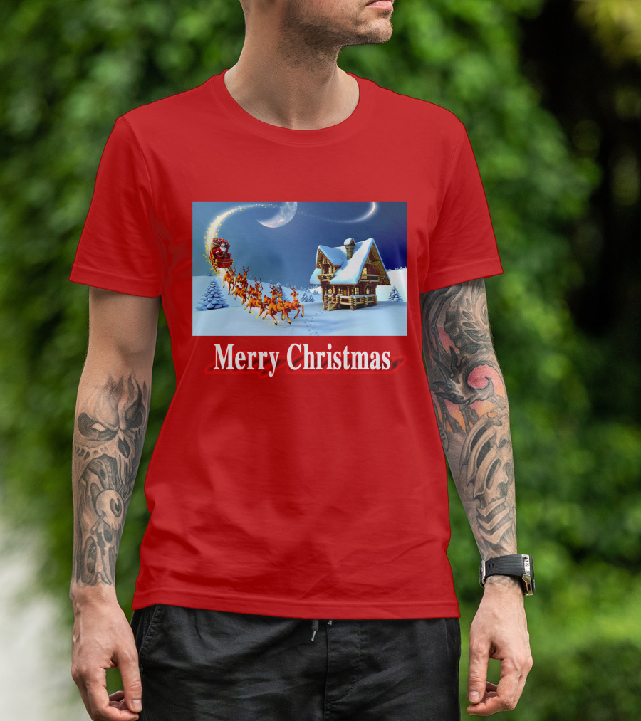 Merry Christmas Santa Sleigh Flying Over Snowy Cabin Scene T-Shirt