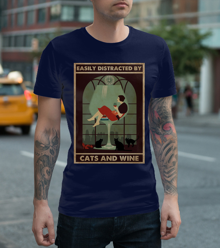Easily Distracted by Cats and Wine Art Deco Woman in Glass with City Skyline and Cats T-Shirt