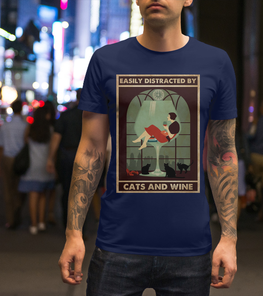 Easily Distracted By Cats And Wine Art Deco Woman In Glass With City Skyline And Cats T-Shirt