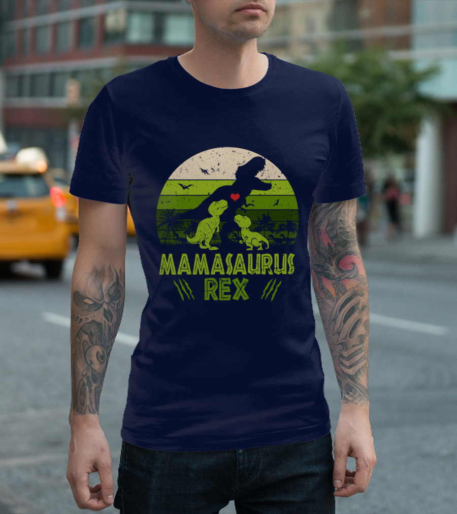 Kid Dinosaur Love For MamaSaurus Rex With Green Jungle Scene And Heart T-Shirt
