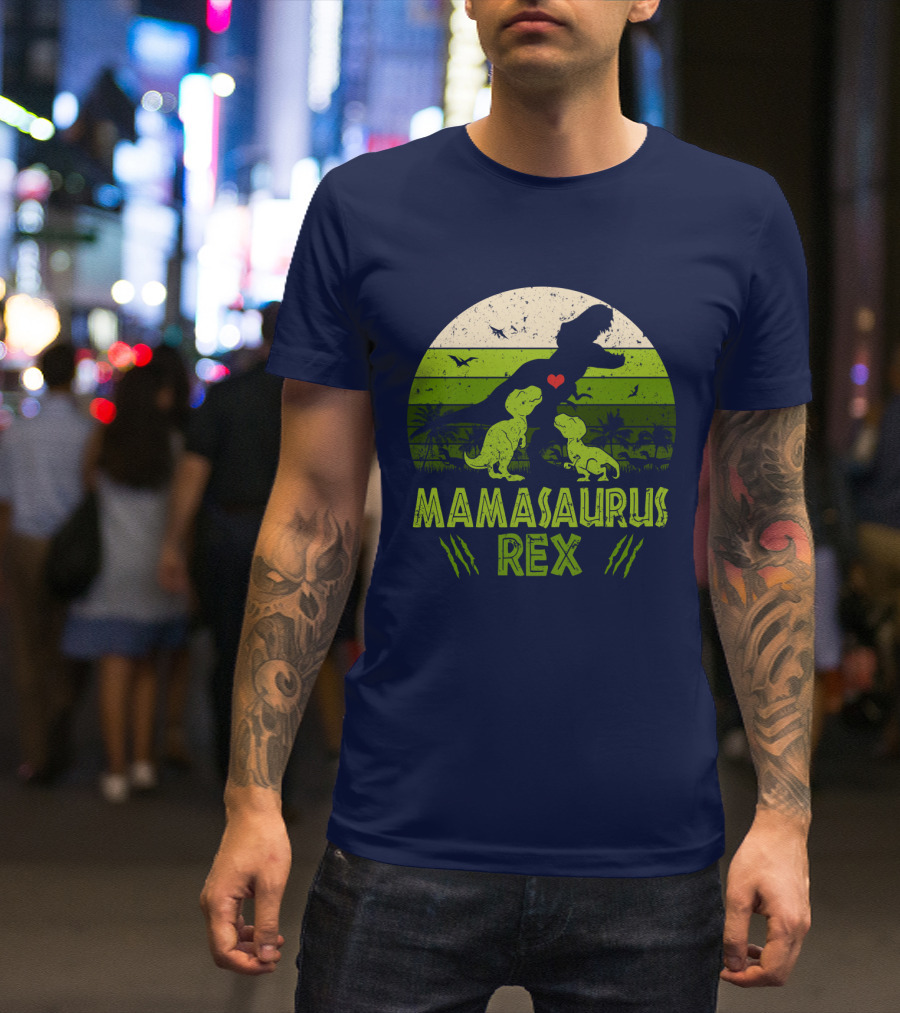 Kid Dinosaur Love For MamaSaurus Rex With Green Jungle Scene And Heart T-Shirt