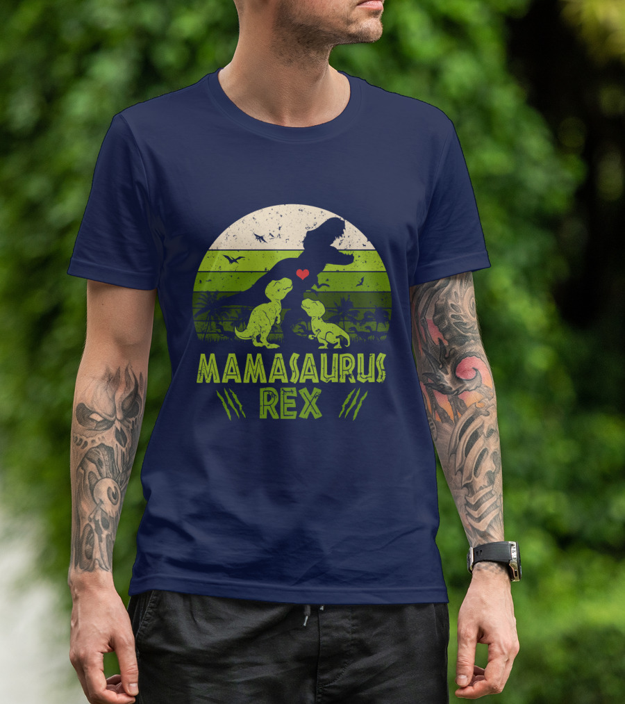 Kid Dinosaur Love For MamaSaurus Rex With Green Jungle Scene And Heart T-Shirt