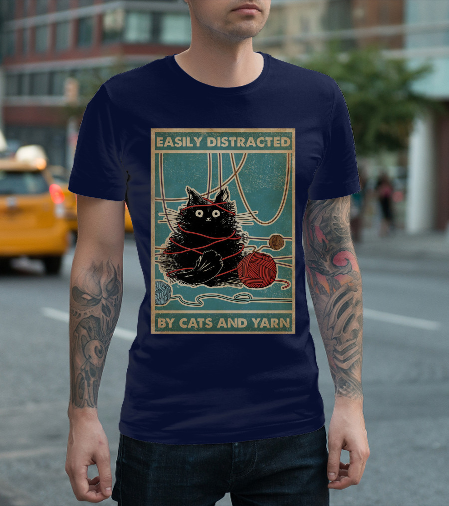 Easily Distracted Black Cat With Red Yarn And Balls Of Yarn T-Shirt