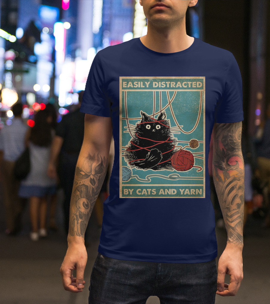 Easily Distracted Black Cat With Red Yarn And Balls Of Yarn T-Shirt