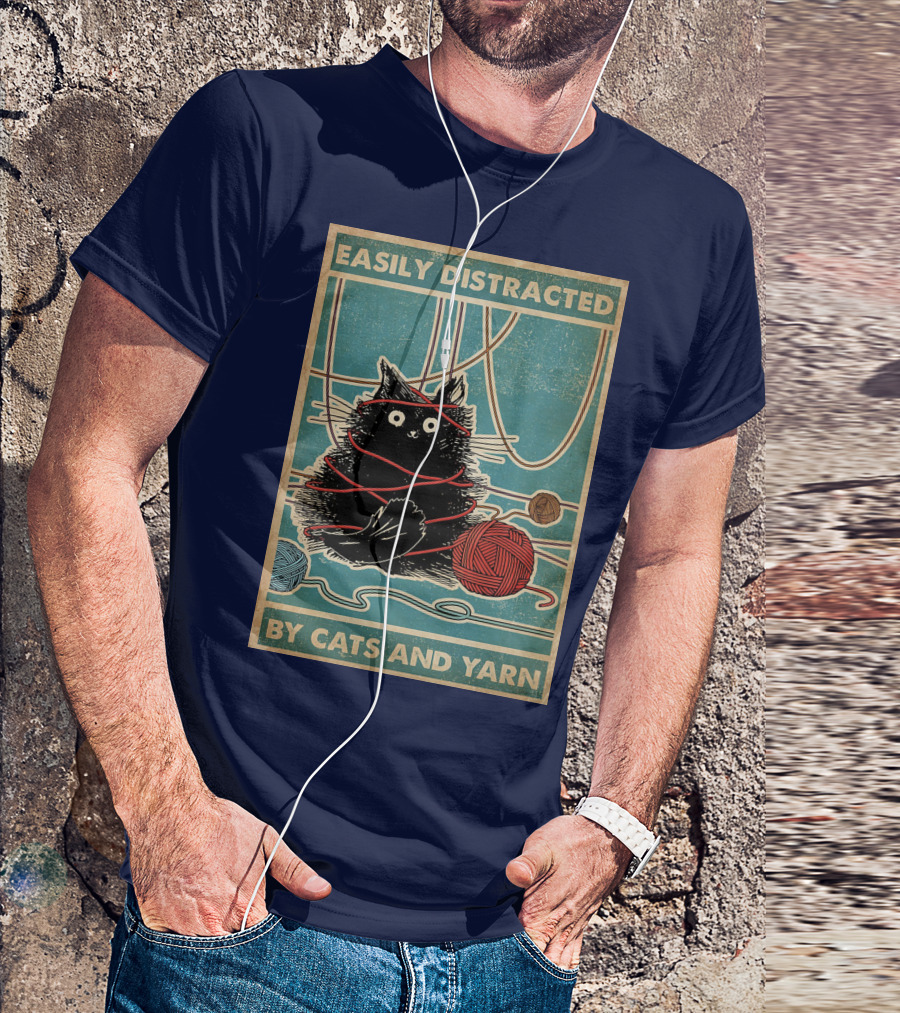 Easily Distracted Black Cat With Red Yarn And Balls Of Yarn T-Shirt