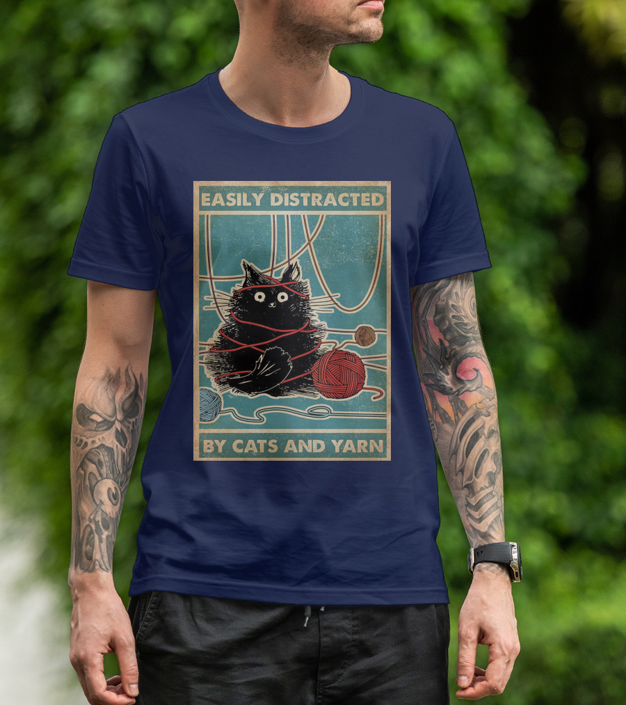 Easily Distracted Black Cat With Red Yarn And Balls Of Yarn T-Shirt