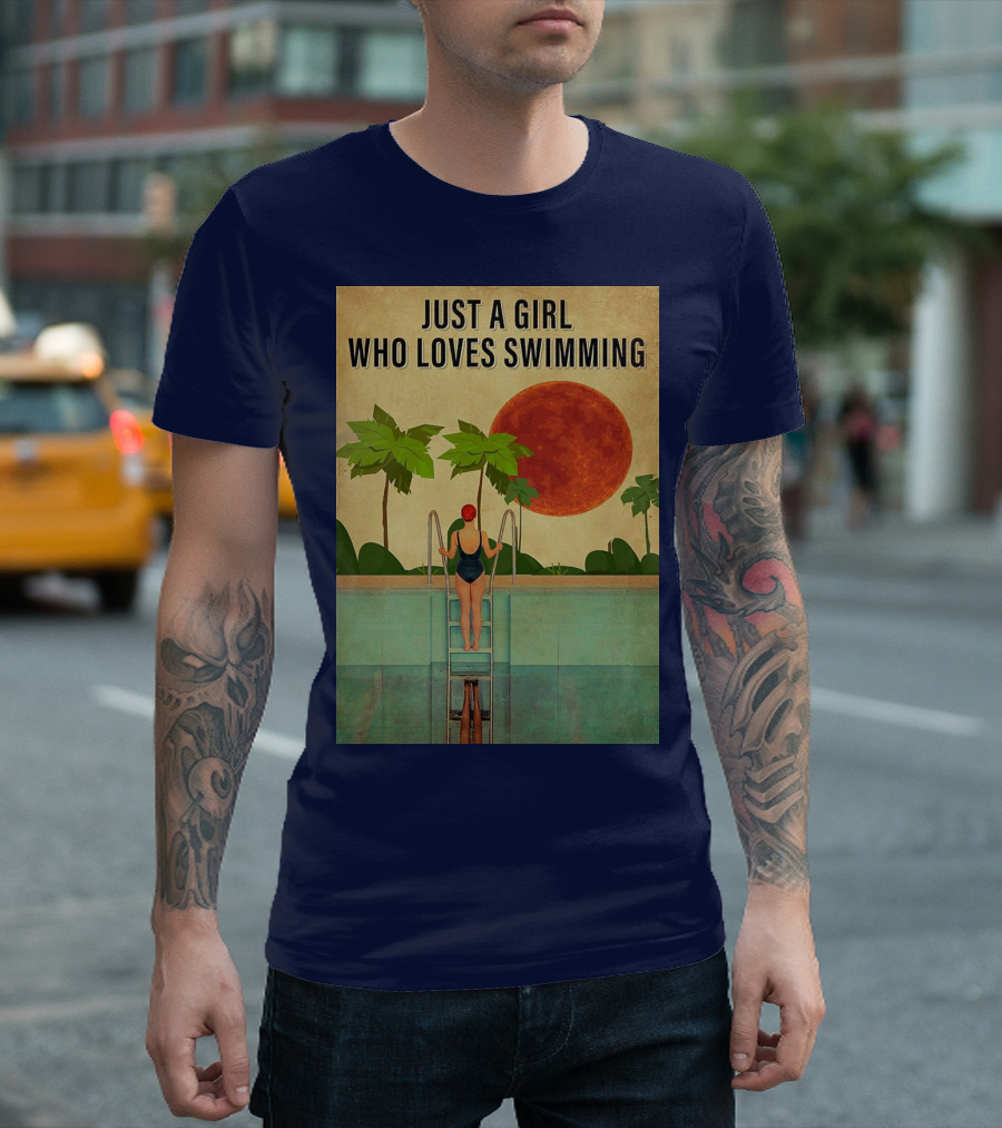 Just a Girl Who Loves Swimming with Palm Trees and Red Sun T-Shirt