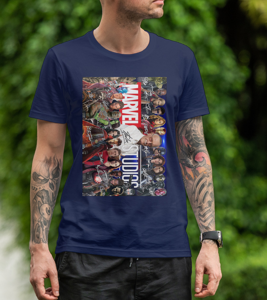 Marvel Studios Character Signatures Collage With Stan Lee And Iconic Heroes T-Shirt