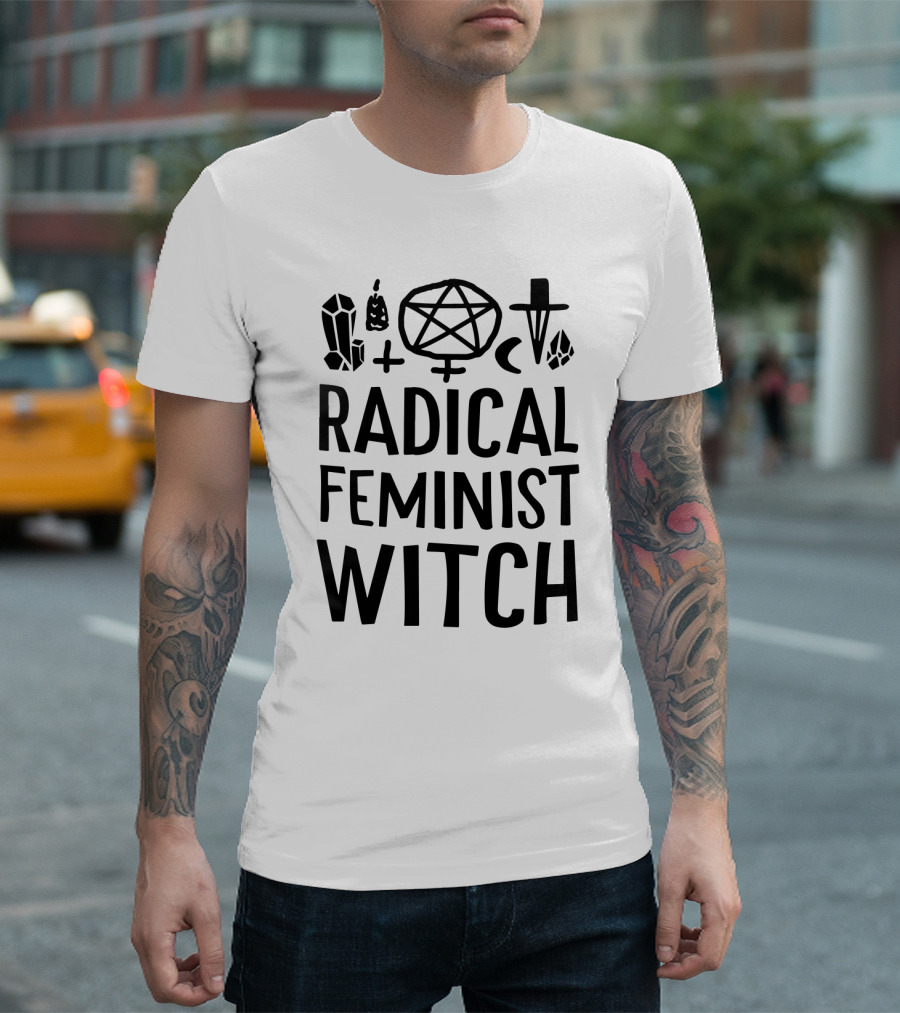 Radical Feminist Witch Magic Symbols Pentagram Crystal Moon Cross T-Shirt