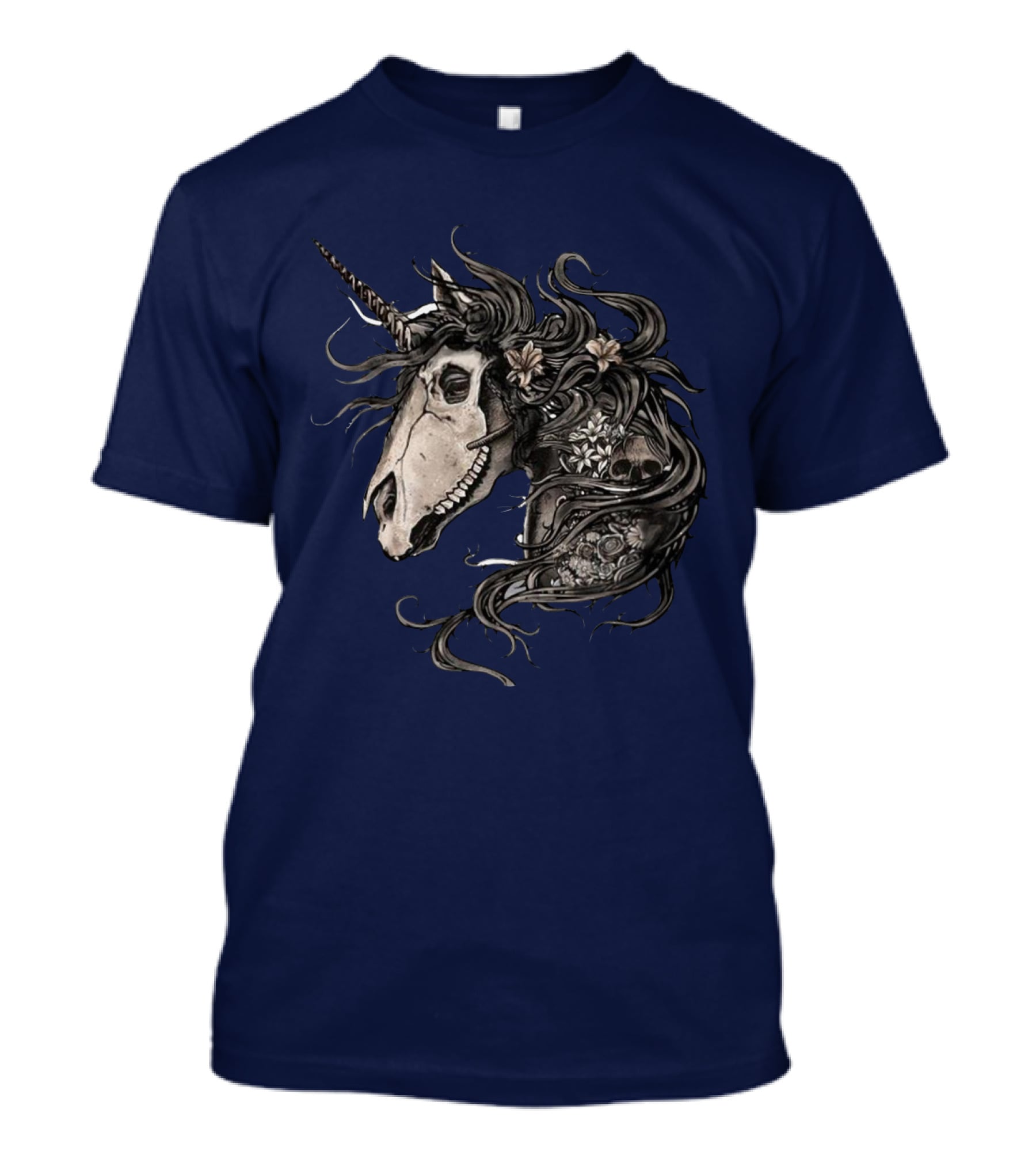 Floral Skull Unicorn Head With Flowers And Dark Mane T-Shirt