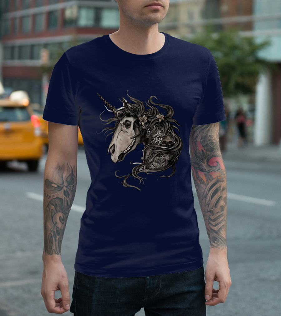 Floral Skull Unicorn Head with Flowers and Dark Mane T-Shirt