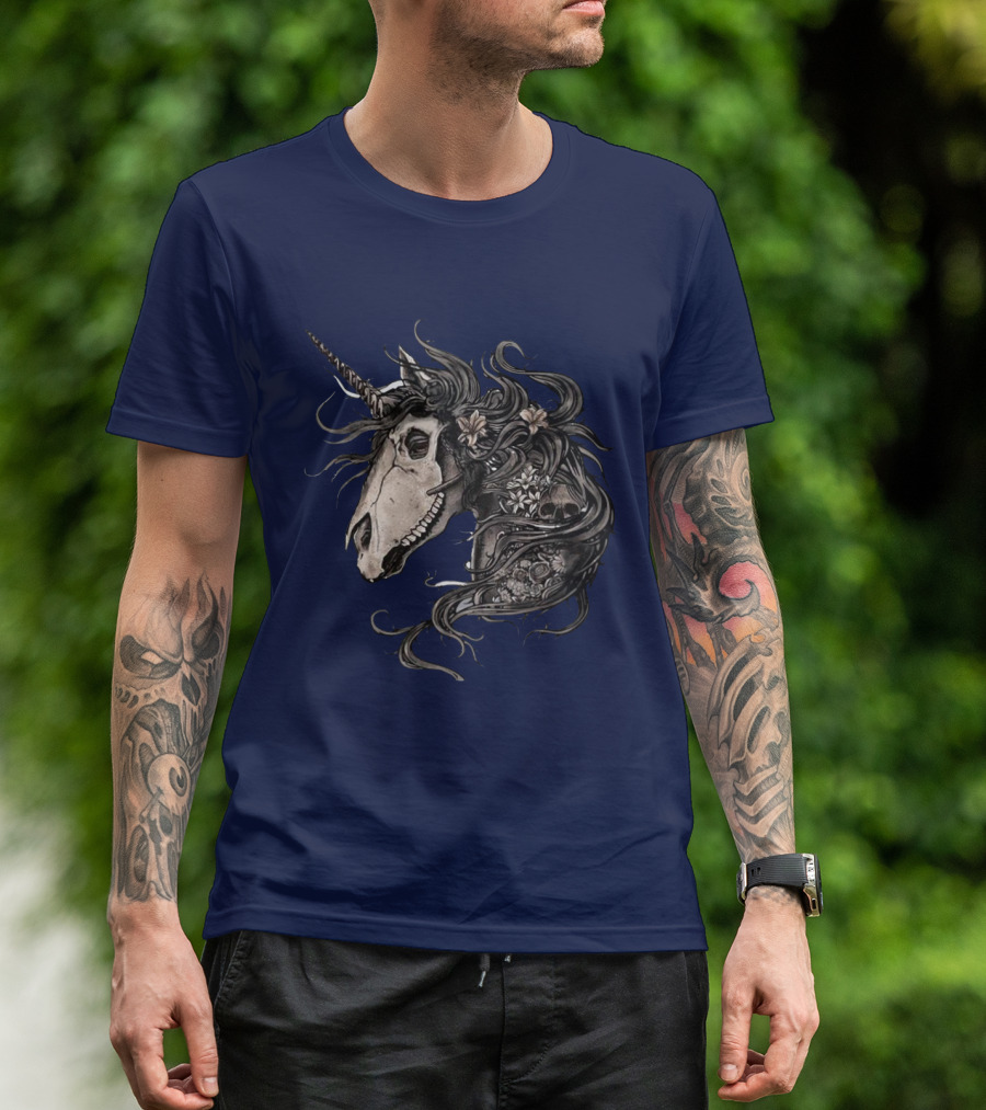 Floral Skull Unicorn Head With Flowers And Dark Mane T-Shirt