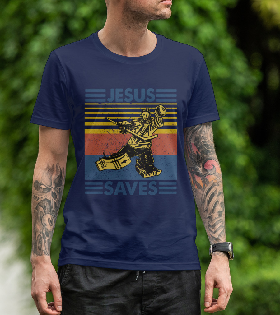 Hockey Jesus Saves Vintage Style Goalie T-Shirt