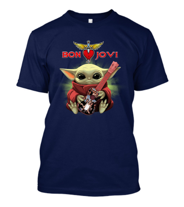 Baby Yoda Holding Guitar With Bon Jovi Heart Dagger T-Shirt