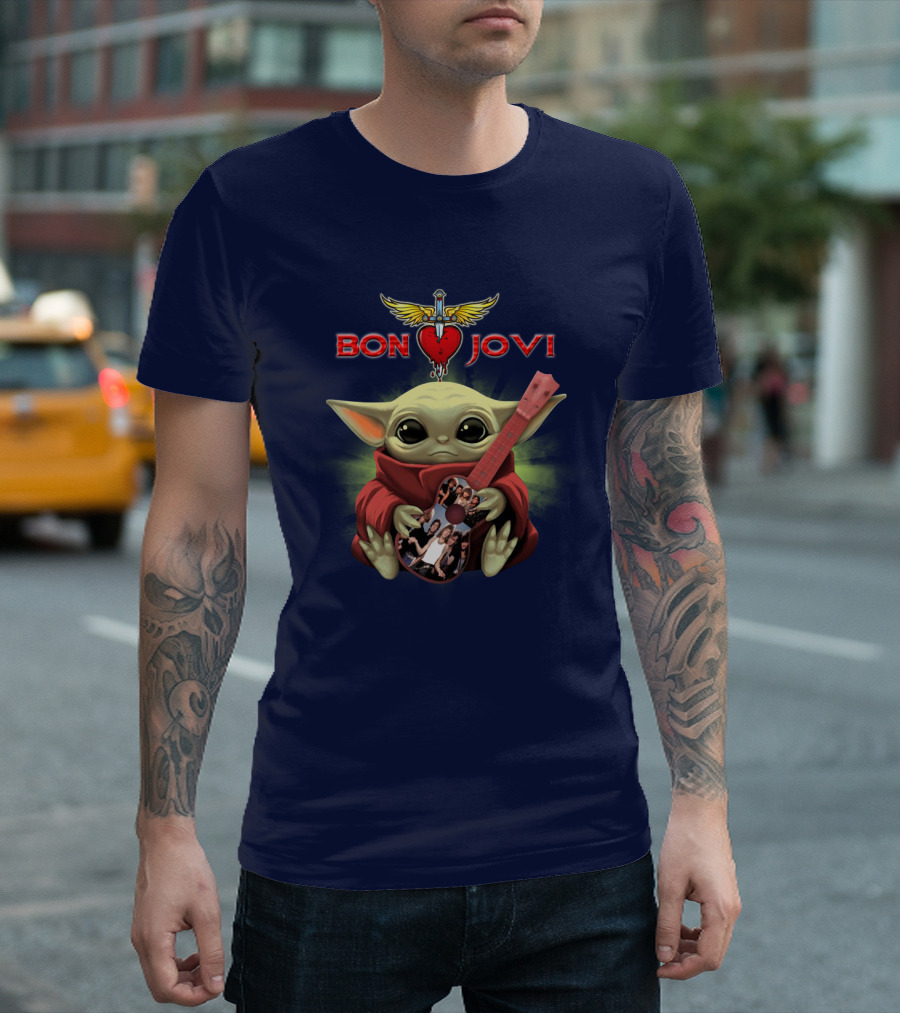 Baby Yoda Holding Guitar With Bon Jovi Heart Dagger T-Shirt