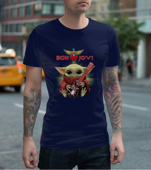 Baby Yoda Holding Guitar With Bon Jovi Heart Dagger T-Shirt