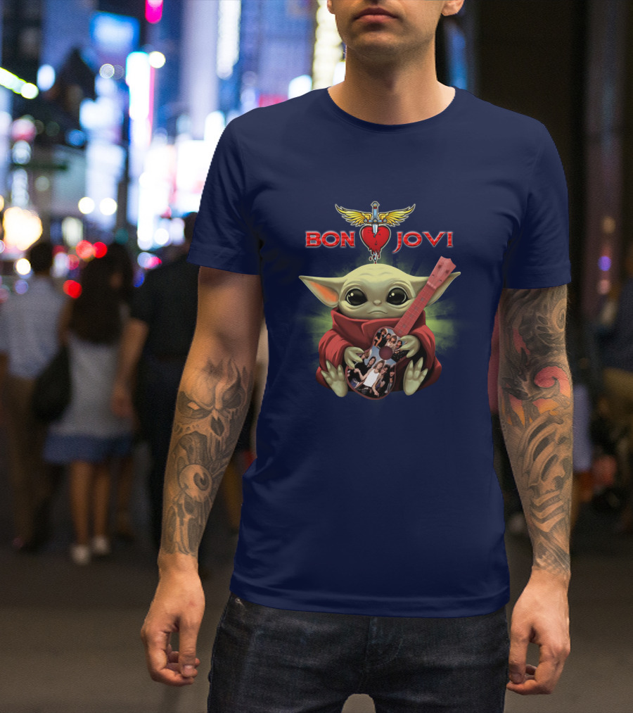 Baby Yoda Holding Guitar With Bon Jovi Heart Dagger T-Shirt