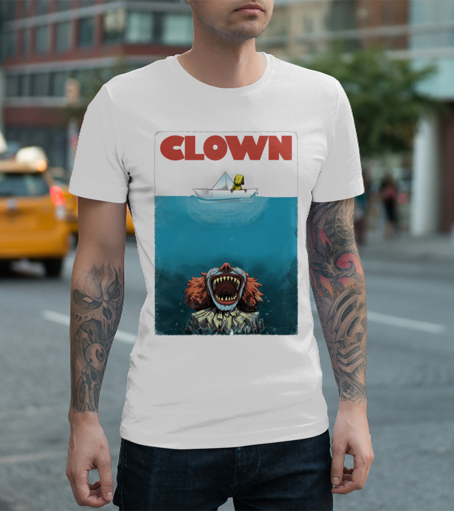 CLOWN Pennywise with Paper Boat Mashup Jaws Homage T-Shirt