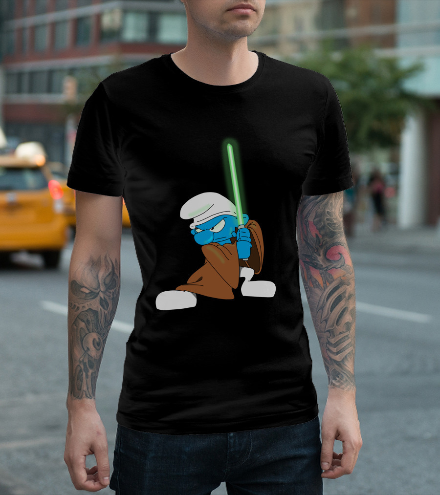 Smurf Jedi with Green Lightsaber in Star Wars-Inspired Crossover T-Shirt