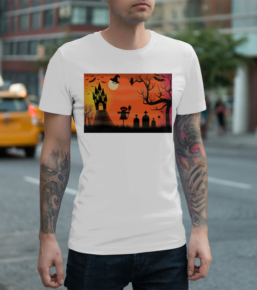 Halloween Haunted Castle Silhouette With Bats And Graveyard Scene T-Shirt