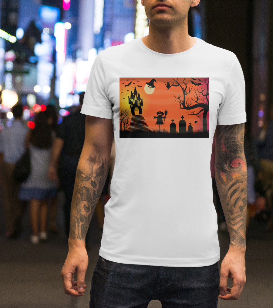 Halloween Haunted Castle Silhouette With Bats And Graveyard Scene T-Shirt