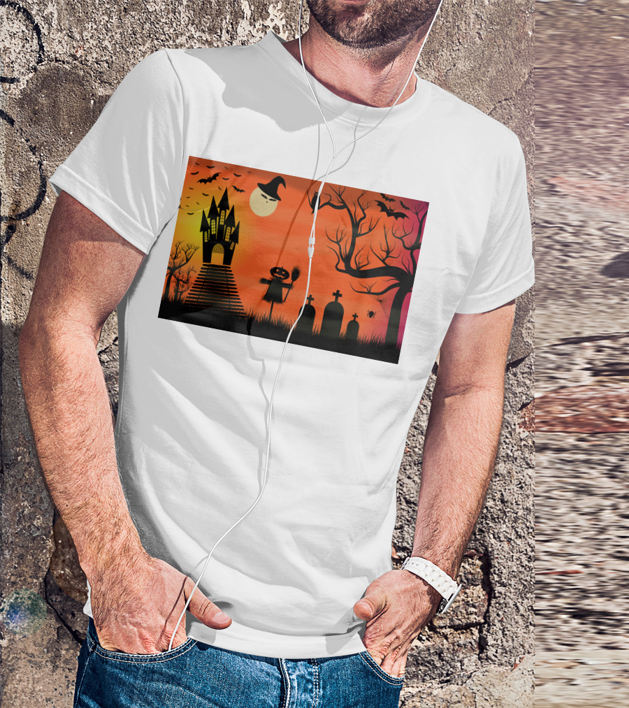 Halloween Haunted Castle Silhouette With Bats And Graveyard Scene T-Shirt