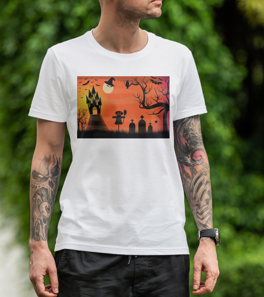 Halloween Haunted Castle Silhouette With Bats And Graveyard Scene T-Shirt