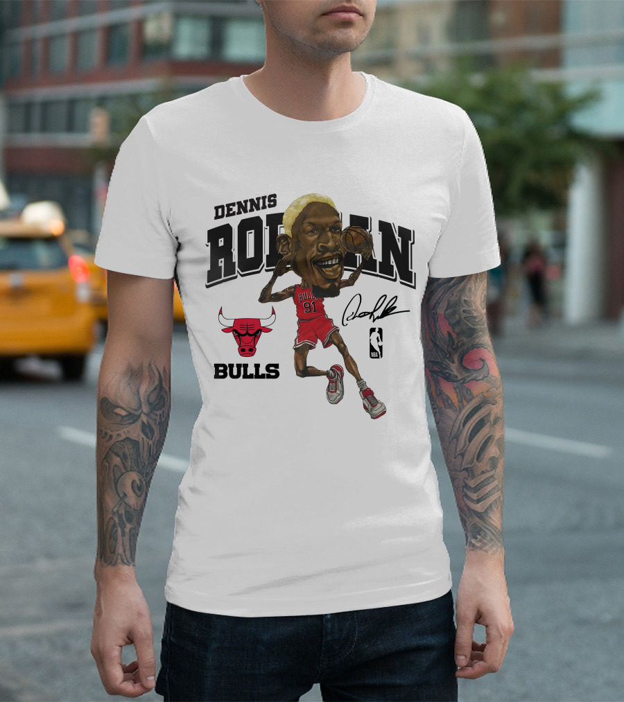 Dennis Rodman 91 Chicago Bulls NBA Caricature Signature Mitchell and Ness T-Shirt