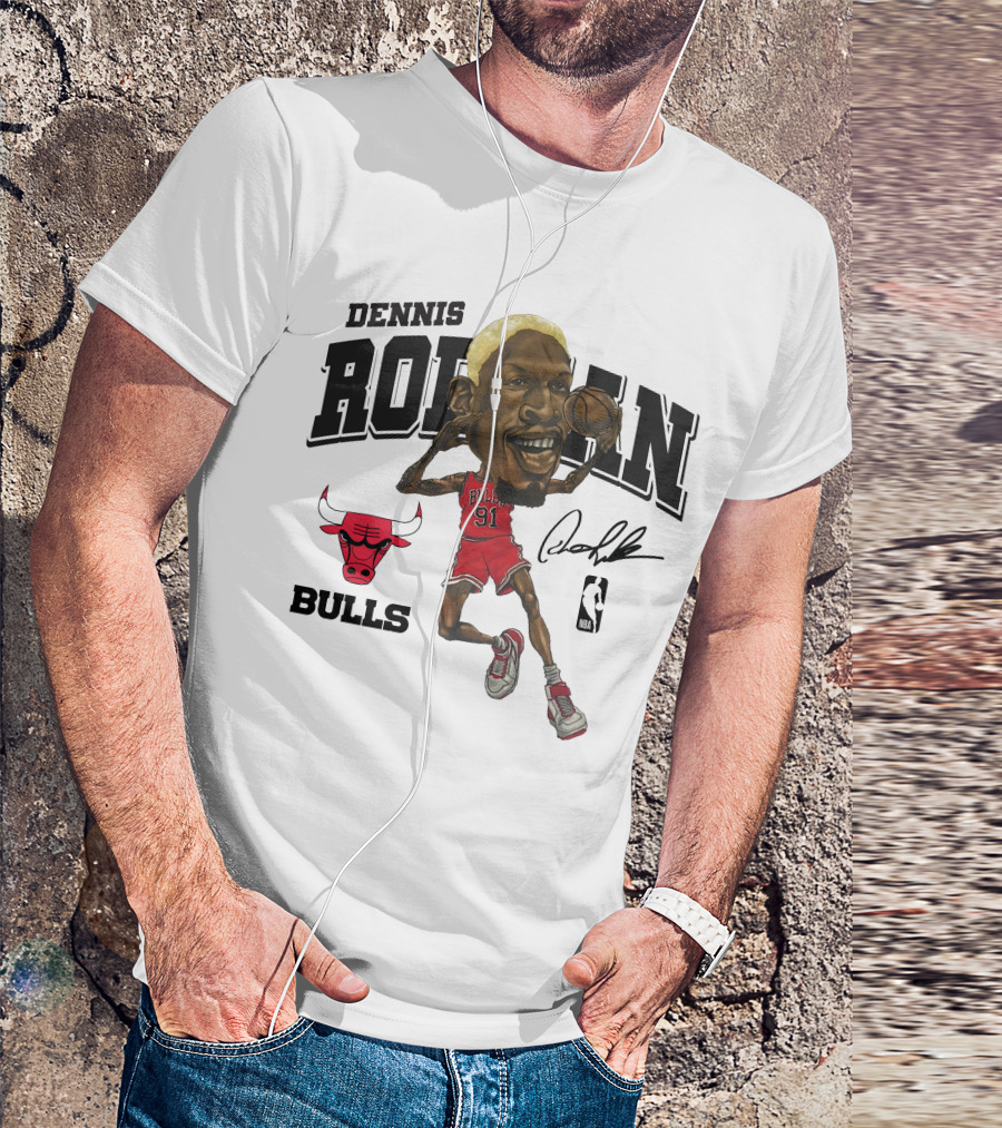 Dennis Rodman 91 Chicago Bulls NBA Caricature Signature Mitchell And Ness T-Shirt