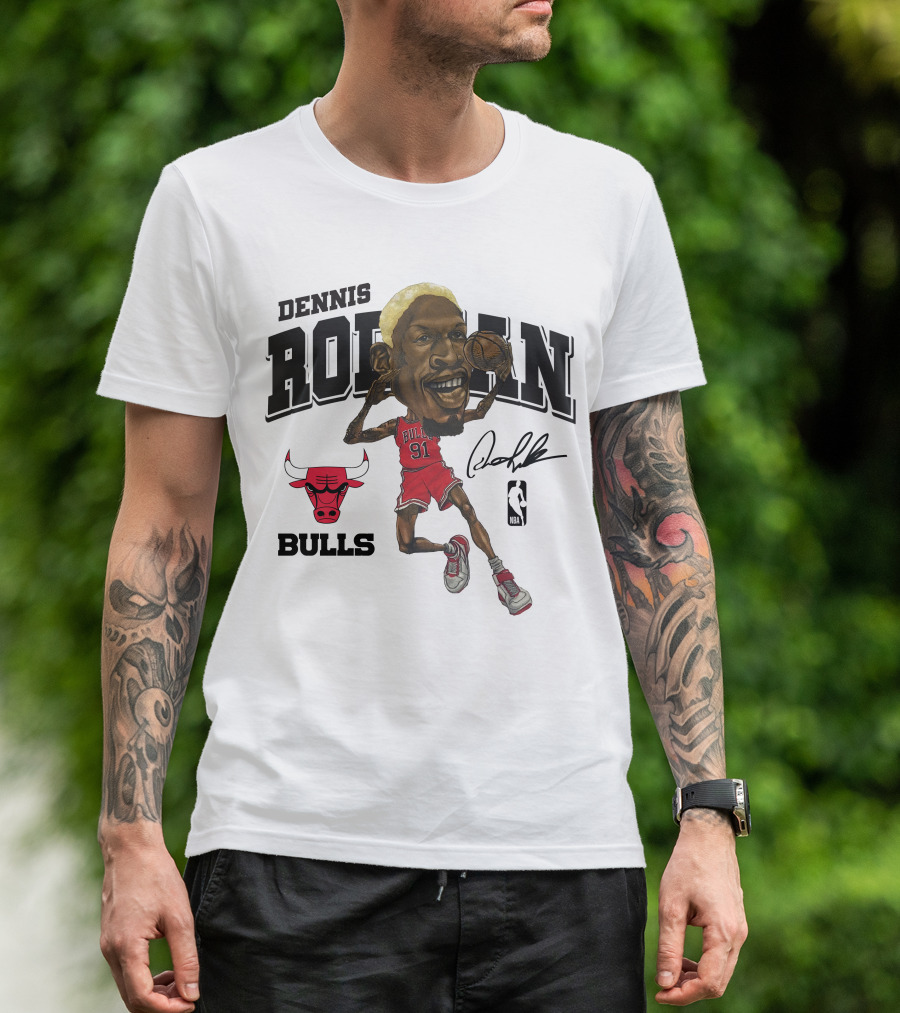 Dennis Rodman 91 Chicago Bulls NBA Caricature Signature Mitchell And Ness T-Shirt