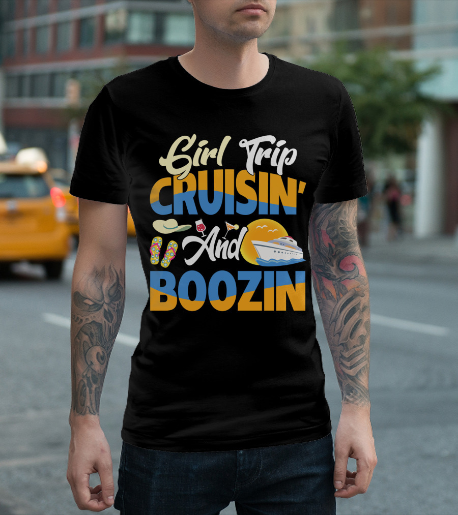 Girl Trip Cruisin' And Boozin' with Flip-Flops, Sun Hat, Drinks, and Cruise Ship Sunset T-Shirt