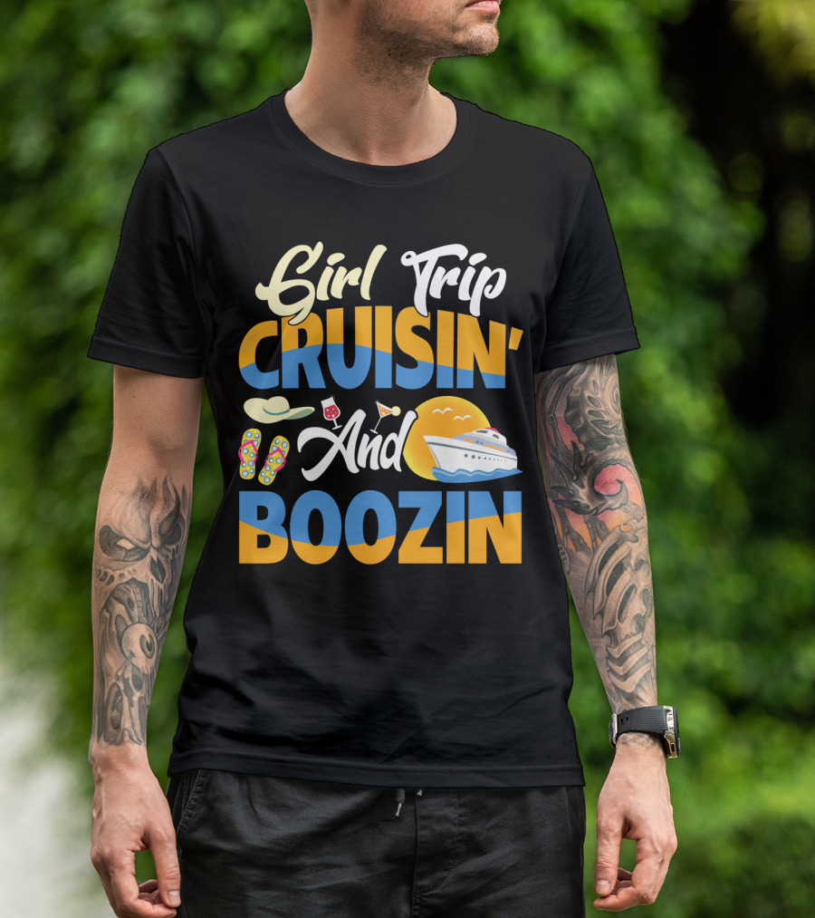 Girl Trip Cruisin' And Boozin' With Flip-Flops, Sun Hat, Drinks, And Cruise Ship Sunset T-Shirt