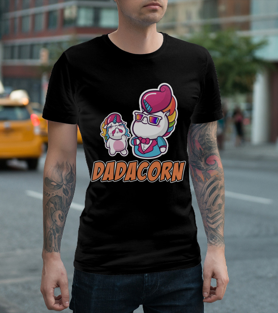 Dadacorn Unicorn Dad And Baby With Rainbow Outfits And Sunglasses T-Shirt