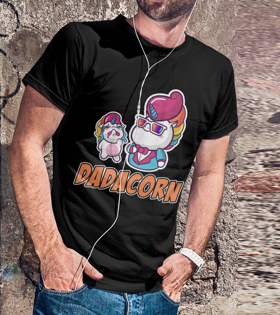 Dadacorn Unicorn Dad And Baby With Rainbow Outfits And Sunglasses T-Shirt