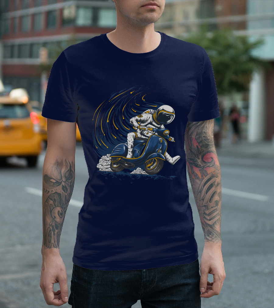 Astronaut In Spacesuit Joyfully Riding Vespa Scooter With Meteor Shower T-Shirt