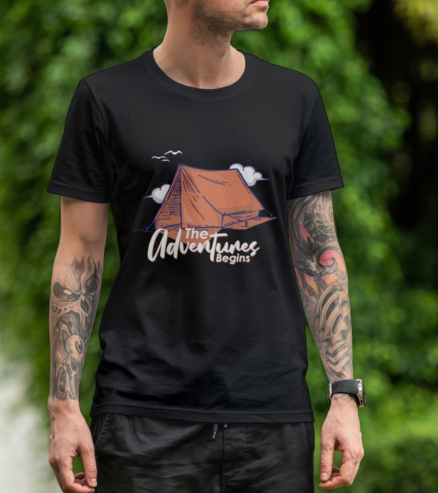 The Adventures Begins Camping Tent Clouds And Birds T-Shirt