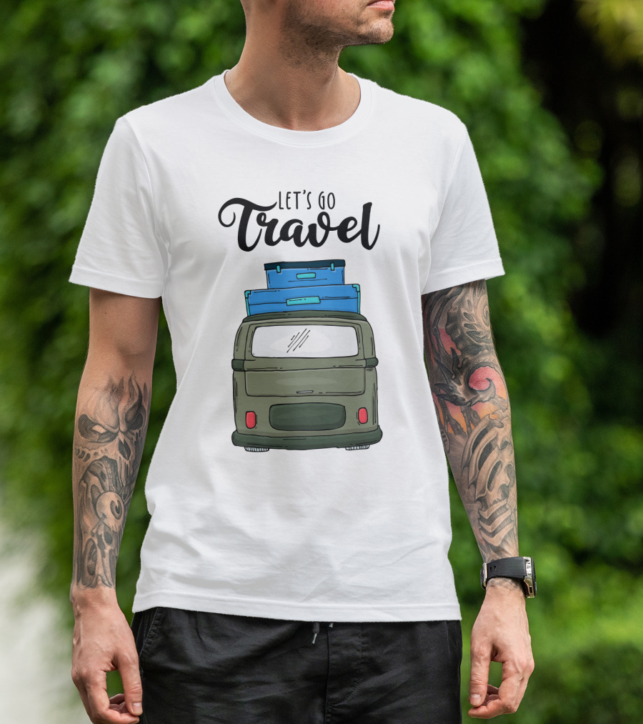 Let's Go Travel With Retro Van And Luggage Stack T-Shirt