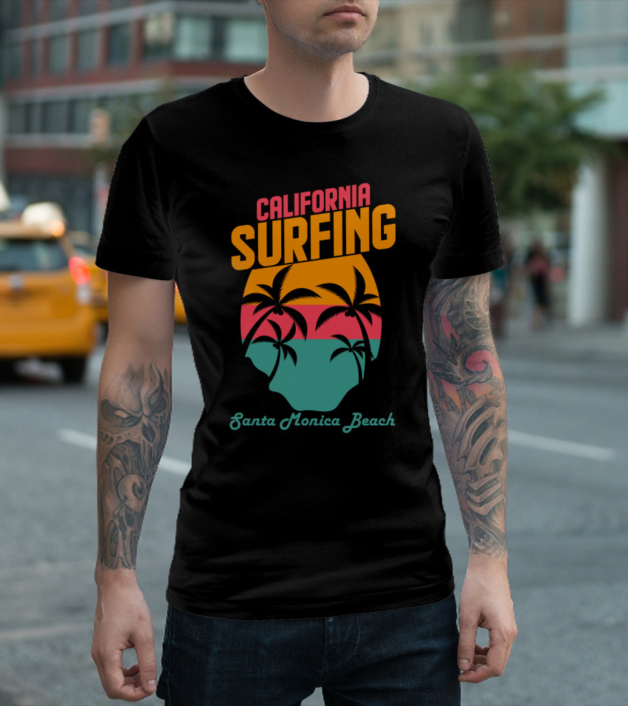 California Surfing Santa Monica Beach Sunset Palm Trees T-Shirt