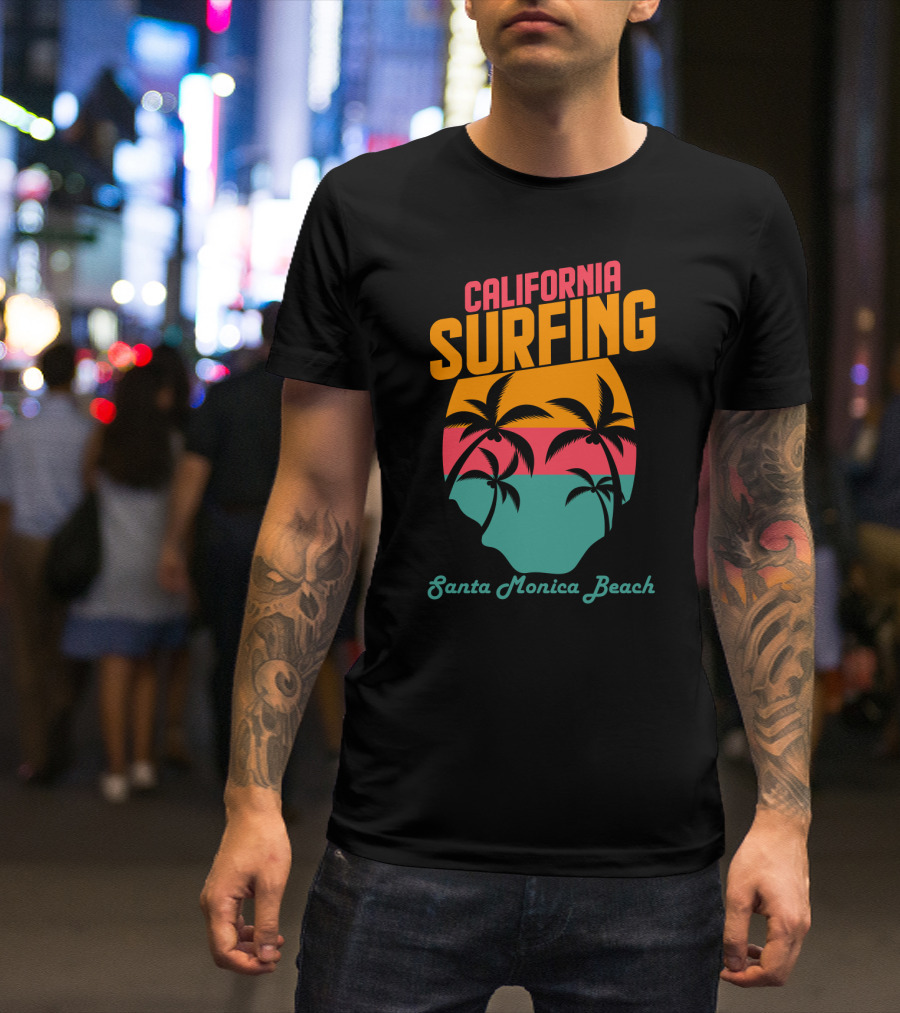 California Surfing Santa Monica Beach Sunset Palm Trees T-Shirt