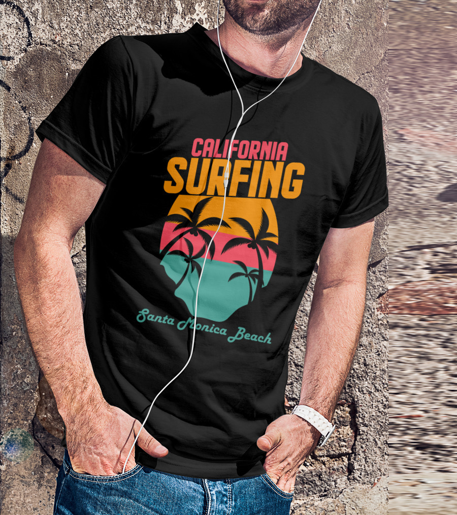 California Surfing Santa Monica Beach Sunset Palm Trees T-Shirt