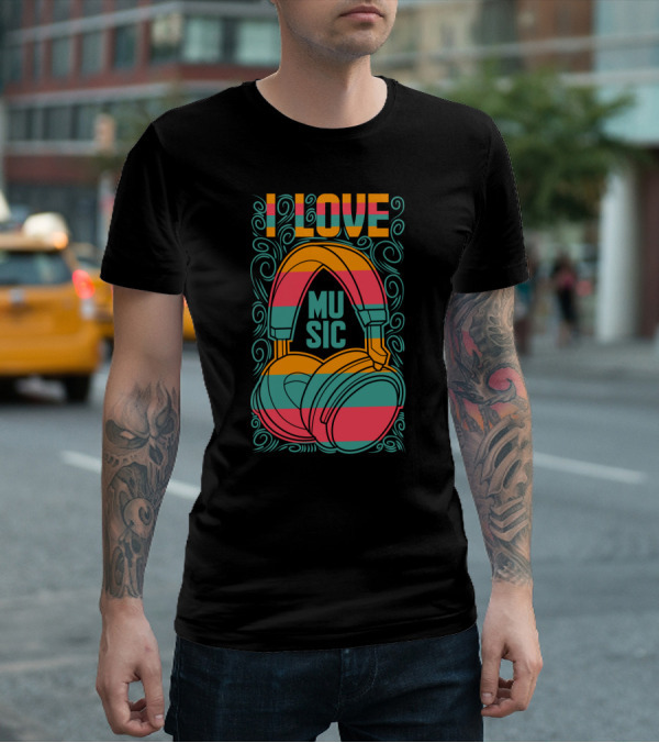 I Love Music Vibrant Headphones Pattern With Swirling Design Elements T-Shirt